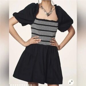 NEW $158  Anthropologie Puff-Sleeve Square-Neck Smocked Mini Dress sz M
